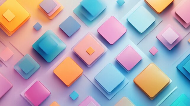A contemporary 3D art design with layered squares and soft gradients on a sleek light background