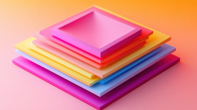 A contemporary 3D art design with layered squares and soft gradients on a sleek light background