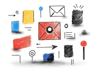 Poster - Sketch like freehand of global digital correspondence featuring anonymous user avatar envelope icon and directional arrows hand drawn textural elements limited color palette