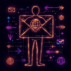 Poster - Symbolic global social networking concept featuring a freehand outline human figure silhouette surrounded by digital communication iconography including an airmail envelope