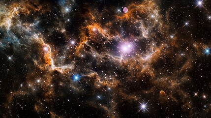 Wall Mural - Glowing Vibrant Star Clusters, Vivid Nebula in Rich Orange Hues, and Distant Planet with Luminous Atmosphere in Expansive Cosmic Scene