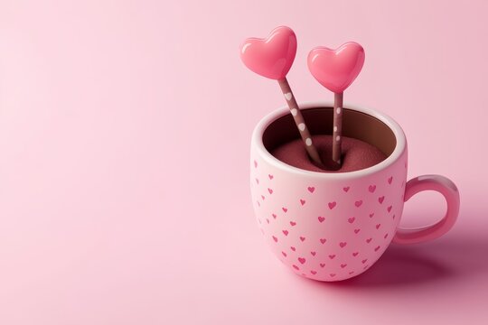 Cute Valentine's Day-themed in a cup with hearts, simple background, 3D illustration style, 2D flat design