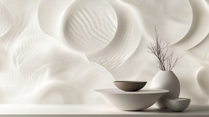 Fototapete - A futuristic 3D wallpaper with interlocking circular designs in soft hues, on a sleek white background