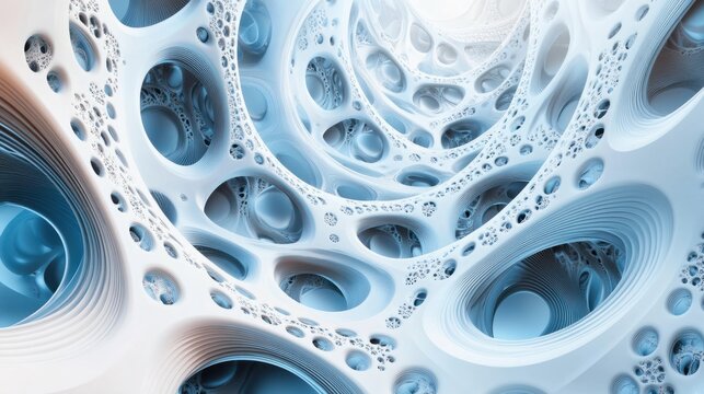 A futuristic 3D wallpaper with interlocking circular designs in soft hues, on a sleek white background