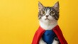 © Vivid - Superhero cat in red cape on yellow background.