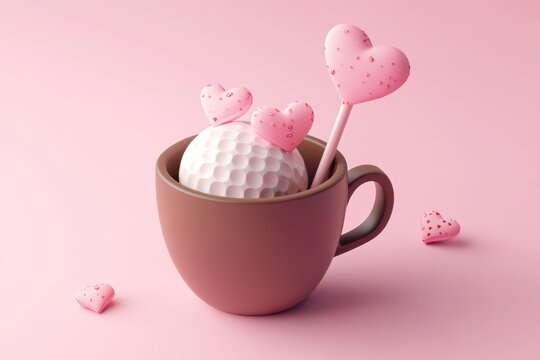 Cute Valentine's Day-themed in a cup with hearts, simple background, 3D illustration style, 2D flat design