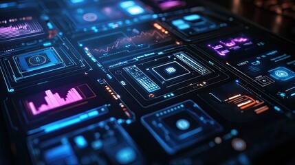 Poster - Futuristic Digital Interfaces with Colorful Data Displays and Graphs