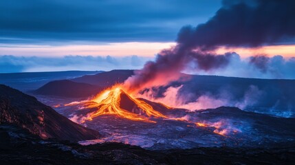 Wall Mural - dramatic volcanic eruption with glowing molten lava and dark smoke, capturing natural energy and des