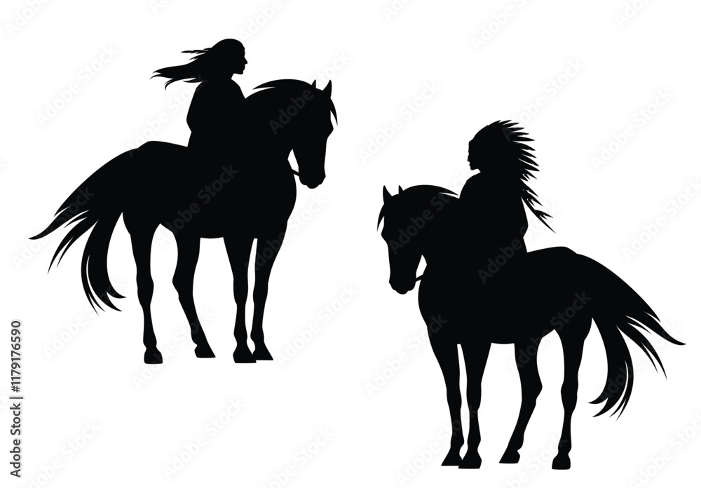 native north american tribal chief and indian woman riding standing ...