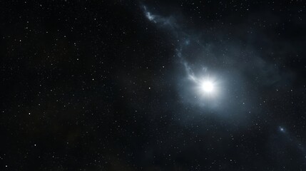 Wall Mural - Horizontal Cosmic Scene Featuring Bright Luminous Star Amidst Star-Filled Sky and Nebulous Blue-White Clouds