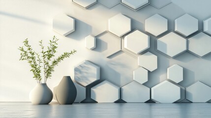 Fototapete - A modern geometric 3D wall design with hexagonal patterns in muted colors, placed on a clean light background