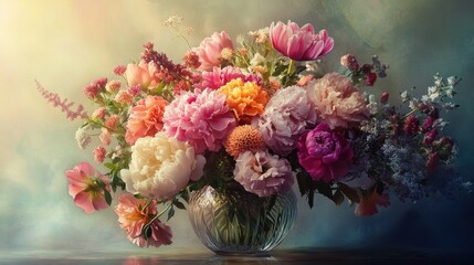 Canvas Print - Vibrant summer bouquet of peonies, roses, and wildflowers in a glass vase on a dark background, illuminated by soft sunlight.