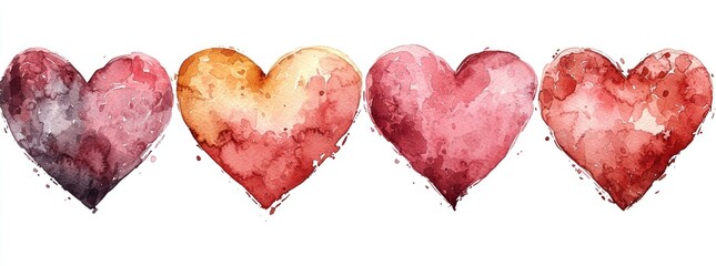 Wall Mural - Row of watercolor hearts in shades of red, pink, and orange on a white background with splatter details Generative AI