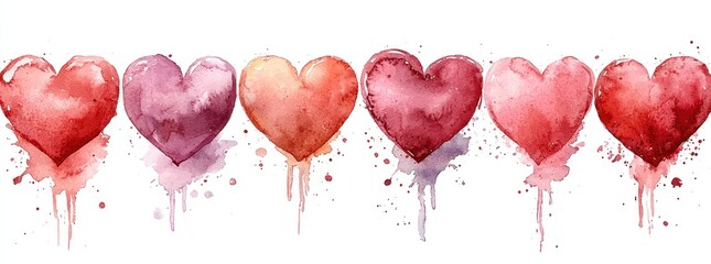 Wall Mural - Row of watercolor hearts in shades of red, pink, and orange on a white background with splatter details Generative AI