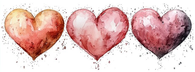 Wall Mural - three watercolor hearts in red, pink, and purple shades on a soft pastel background with delicate te