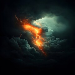 Fototapete - Intense electric discharge with bold branching lightning bolts in a darkened atmospheric scene of roiling storm clouds  The pulsing energy and high contrast lighting create a surreal
