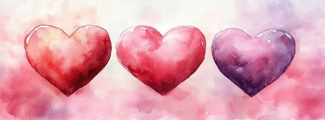 Wall Mural - three watercolor hearts in red, pink, and purple shades on a soft pastel background with delicate te
