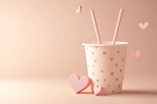 Cute Valentine's Day-themed in a cup with hearts, simple background, 3D illustration style, 2D flat design