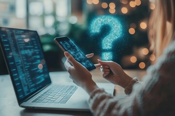 Poster - image features a close-up of hands operating a smartphone and laptop on a desktop, with a blurred abstract question mark interface in background, conveying a concept of problem-solving, Hd image