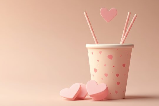 Cute Valentine's Day-themed in a cup with hearts, simple background, 3D illustration style, 2D flat design