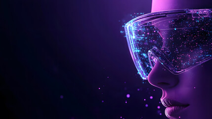 Aufkleber - A futuristic profile of a person wearing high-tech glasses, illuminated by vibrant purple lights and sparkling effects against a dark background