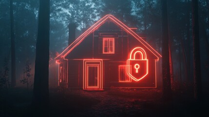Poster - Futuristic House with Neon Lock Symbol in Foggy Forest Setting