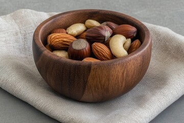 Wall Mural - A wooden bowl of mixed nuts on a linen napkin, with a light grey background emphasizing their natural beauty