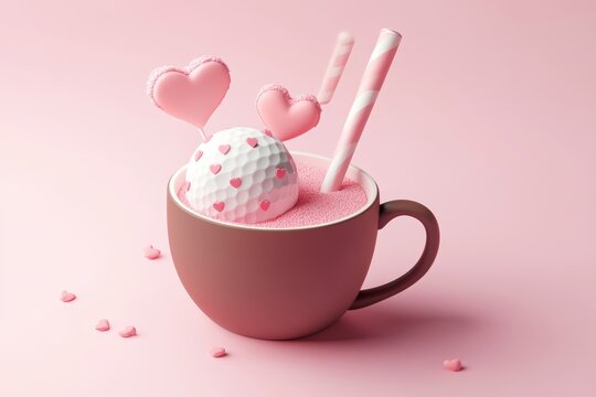 Cute Valentine's Day-themed in a cup with hearts, simple background, 3D illustration style, 2D flat design