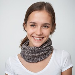 portrait of young happy woman looks in camera with winter neck wear isolated on plain background