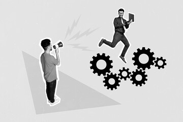 Poster - Photo artwork minimal collage picture of loud boss shouting toa employee working modern device isolated drawing background