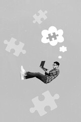 Poster - Artwork magazine collage picture of puzzled guy solving puzzle apple samsung device isolated drawing background
