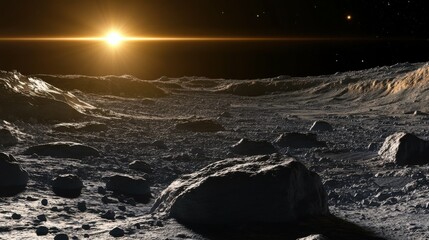 Wall Mural - dynamic scene of an asteroid belt illuminated by the golden light of a nearby star