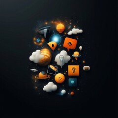 Poster - Organic hand drawn symbols of modern digital communication and virtual interaction floating in a void like space filled with cosmic energy and subtle textures minimalist yet impactful