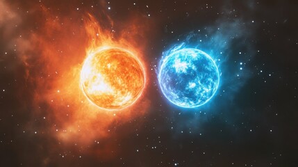 Wall Mural - dynamic binary star system with one star glowing blue and the other bright red