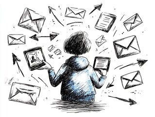 Poster - Hand drawn depicting a person interacting with digital devices surrounded by envelope icons and dynamic arrows symbolizing global social media and online communication rendered in a whimsical