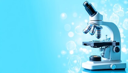 Poster - Laboratory Microscope, a Scientific Research Tool, Set Against a Blue Background with Copy Space.