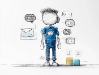 Poster - Multinational Communication and Information Exchange Concept Illustrated with Hand Drawn User Figure Navigation Icons and Chat Bubble Motifs in Moody Blue and Gray Tones