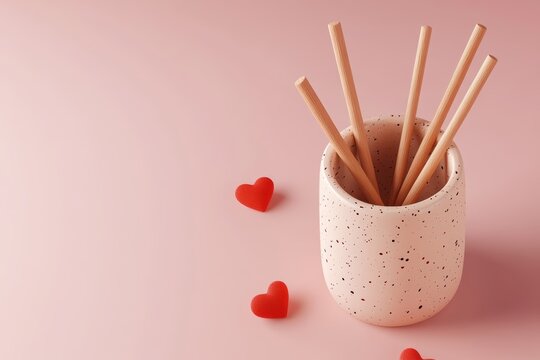 Cute Valentine's Day-themed in a cup with hearts, simple background, 3D illustration style, 2D flat design