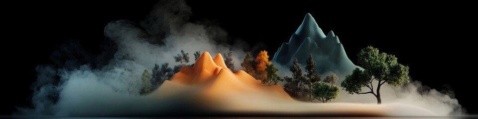 Poster - A striking digital depicting the frequency distribution of dietary preferences within a population set against a surreal and atmospheric mountain landscape with fog mist and moody lighting