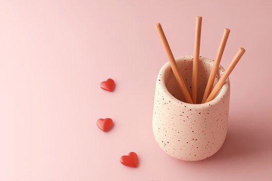 Cute Valentine's Day-themed in a cup with hearts, simple background, 3D illustration style, 2D flat design