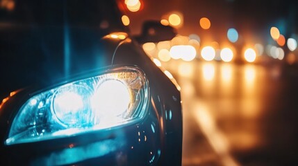 Car headlight illuminating night city street.