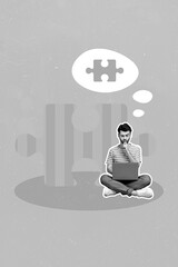 Poster - Creative abstract collage template graphics image of thoughtful guy playing jigsaw game modern gadget isolated drawing background