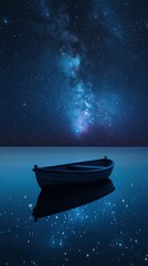 lone boat floating on a calm and serene lake under a starry night sky, glowing constellations, peaceful and tranquil atmosphere, detailed and reflective composition