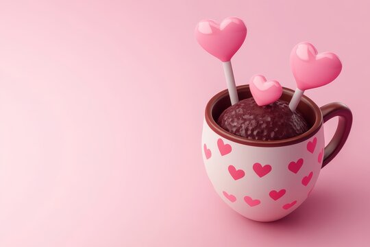 Cute Valentine's Day-themed in a cup with hearts, simple background, 3D illustration style, 2D flat design