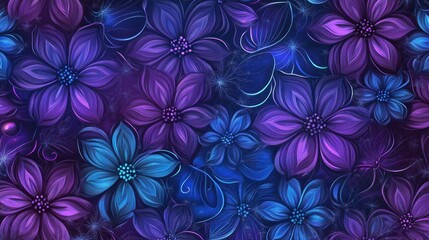 Fototapete - A seamless abstract background of glowing purple and blue flowers with intricate designs and shimmering accents