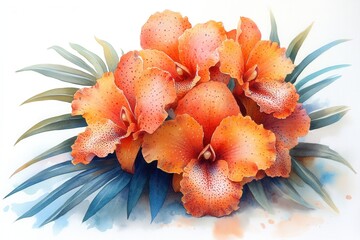 Wall Mural - A vibrant arrangement of orange orchids surrounded by green leaves and soft blue accents.