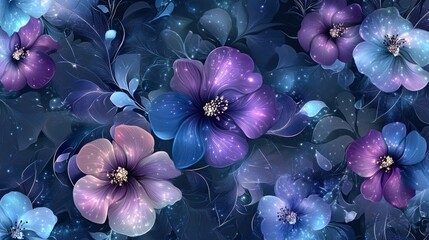 Fototapete - A seamless background of glowing purple and blue flowers surrounded by swirling light accents and delicate patterns