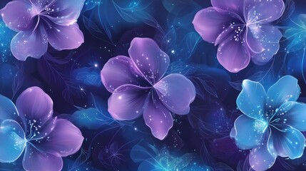 Fototapete - A seamless background of glowing purple and blue flowers surrounded by swirling light accents and delicate patterns