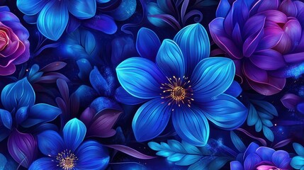 Fototapete - A seamless design of glowing blue and purple flowers with swirling abstract patterns, creating a magical effect