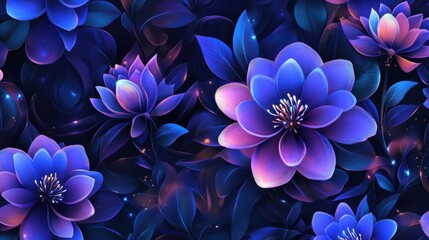 Fototapete - A seamless design of radiant purple and blue flowers with glowing light trails and abstract swirls